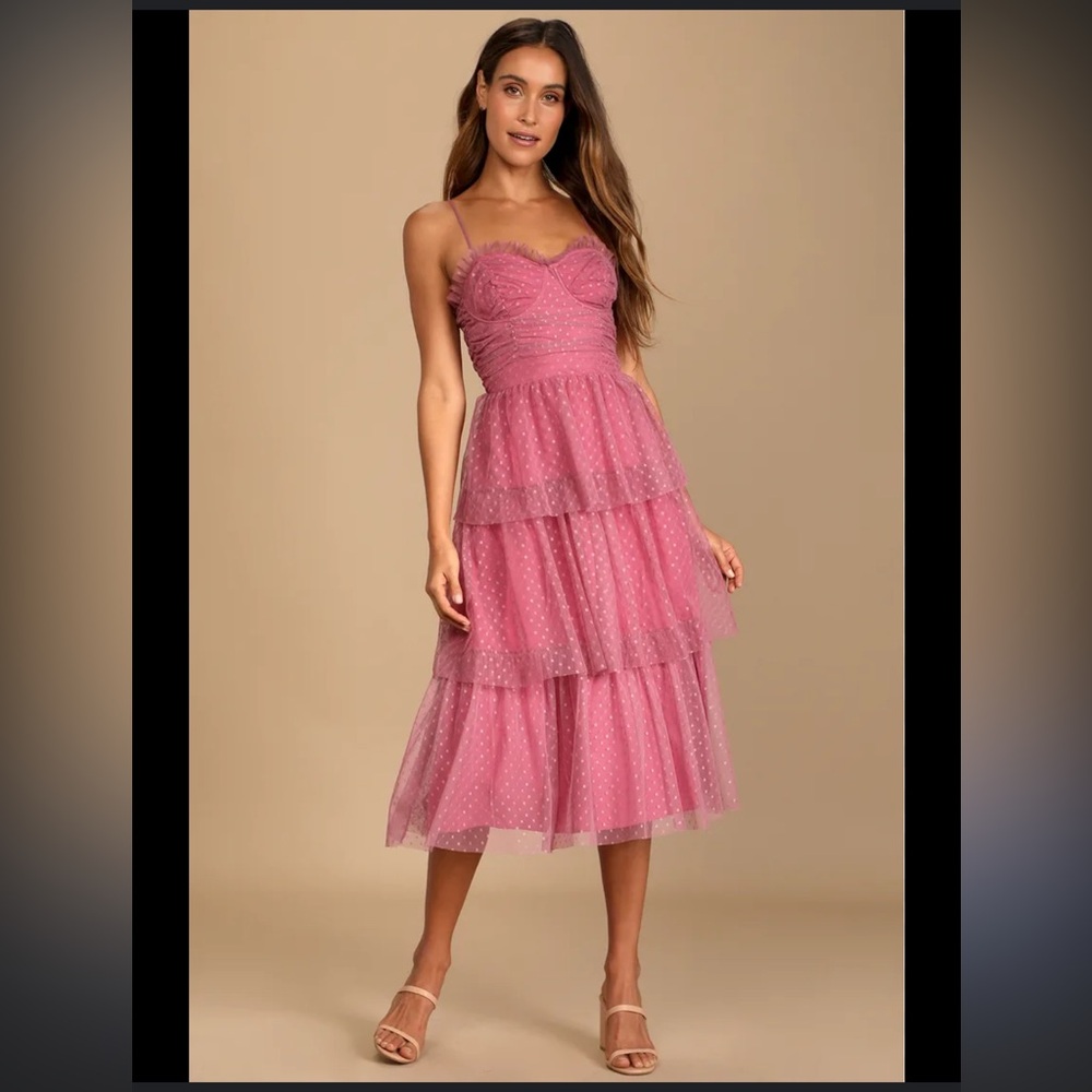 Lulu's Sweetheart Style Mauve Polka Dot Bustier Tiered Midi Dress